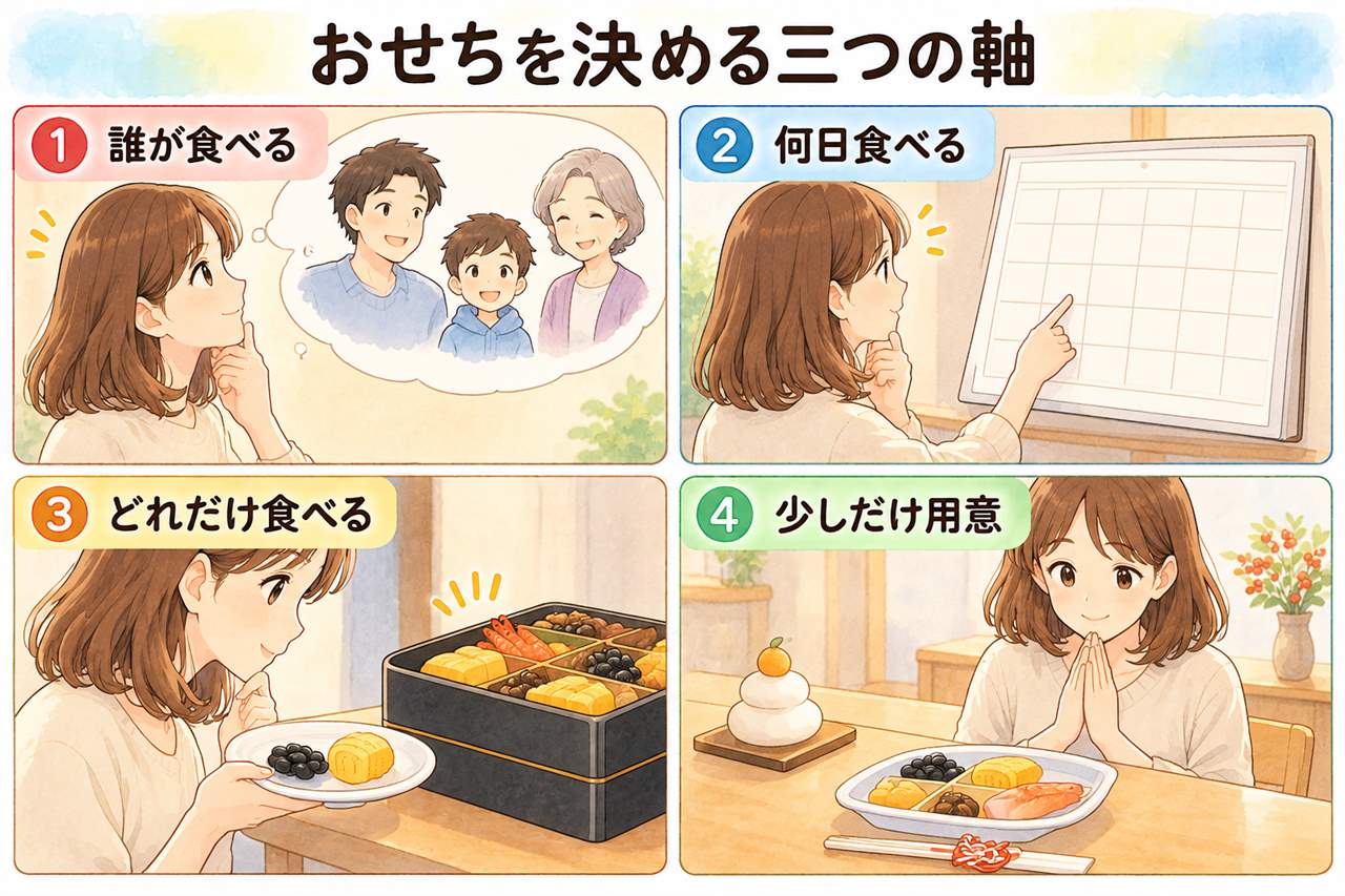 4コマ漫画：おせちを決める三つの軸（誰が食べる・何日食べる・どれだけ食べる・少しだけ用意）