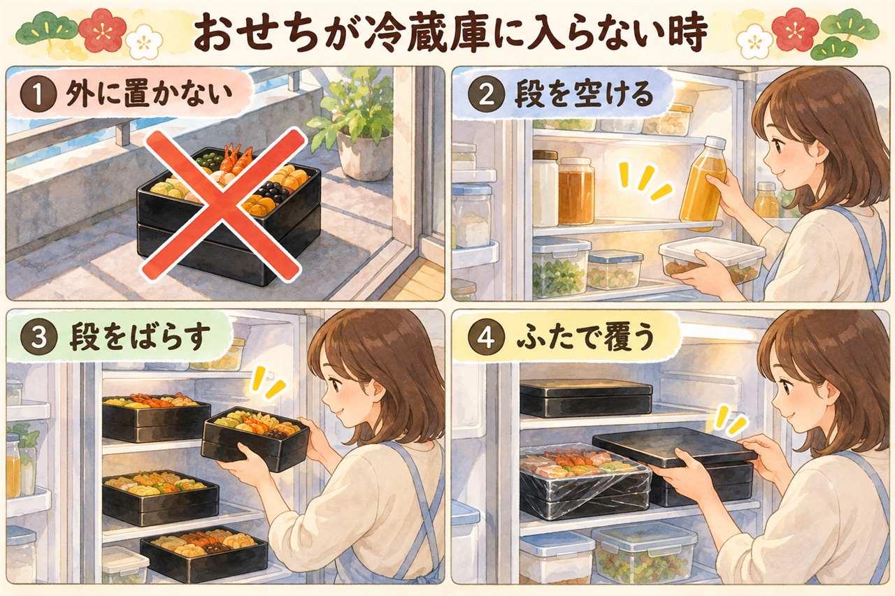 4コマ漫画：おせちが冷蔵庫に入らない時（外に置かない・段を空ける・段をばらす・ふたで覆う）