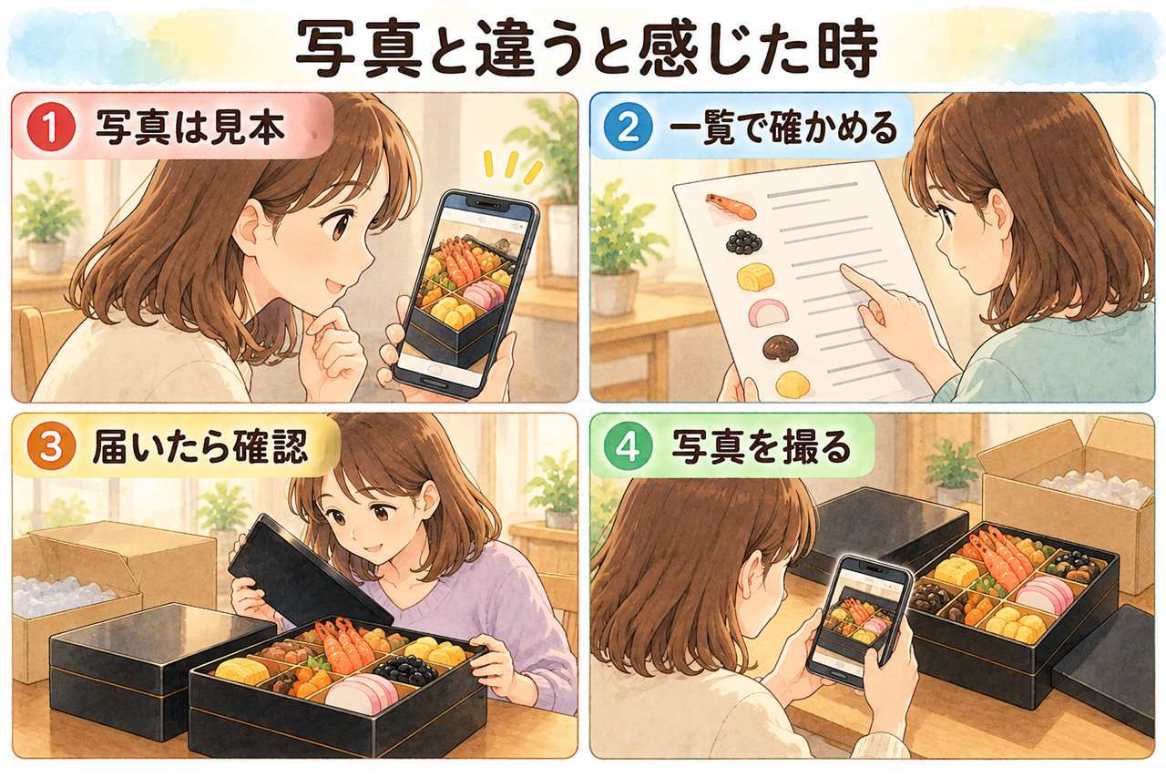 4コマ漫画：写真と違うと感じた時（写真は見本・一覧で確かめる・届いたら確認・写真を撮る）
