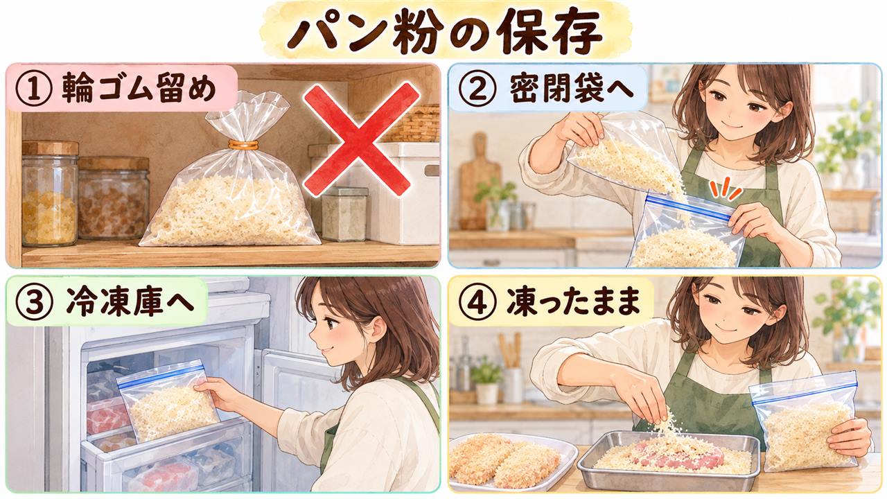 図解：パン粉の保存（輪ゴム留め・密閉袋へ・冷凍庫へ・凍ったまま）