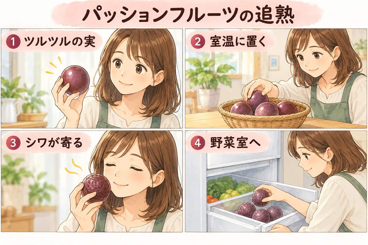 図解:パッションフルーツの追熟(ツルツルの実・室温に置く・シワが寄る・野菜室へ)