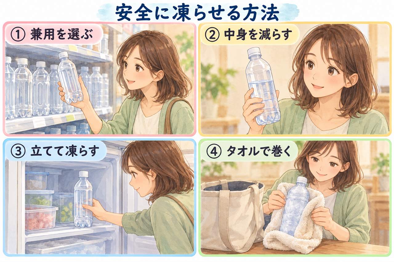 図解:安全に凍らせる方法(兼用を選ぶ・中身を減らす・立てて凍らす・タオルで巻く)