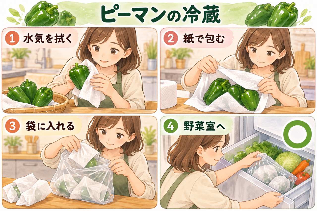 図解:ピーマンの冷蔵(水気を拭く・紙で包む・袋に入れる・野菜室へ)