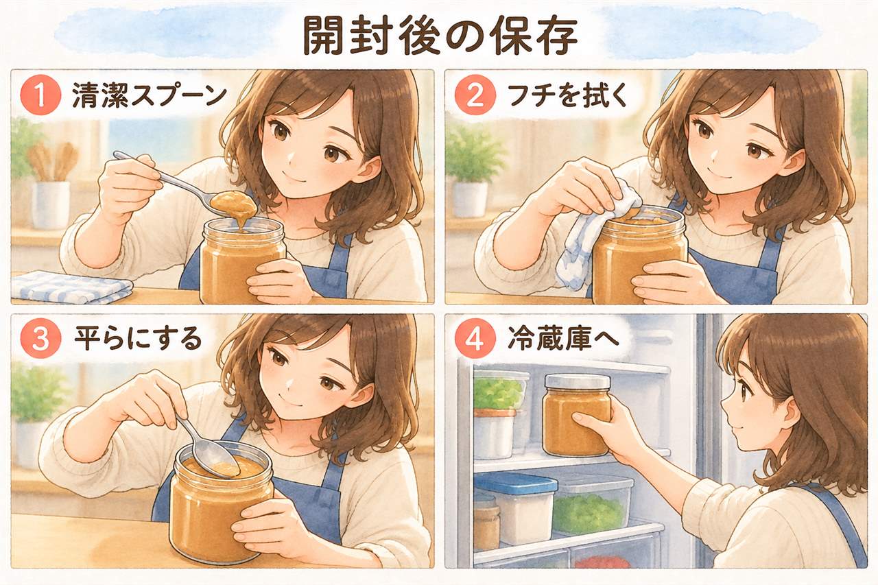 図解：開封後の保存（清潔スプーン・フチを拭く・平らにする・冷蔵庫へ）