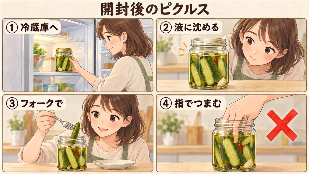 図解:開封後のピクルス(冷蔵庫へ・液に沈める・フォークで・指でつまむ)