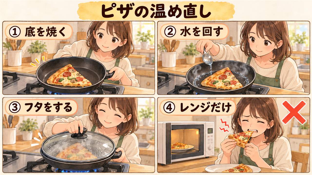 図解:ピザの温め直し(底を焼く・水を回す・フタをする・レンジだけ)