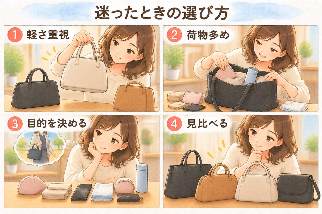図解：迷ったときの選び方（軽さ重視・荷物多め・目的を決める・見比べる）