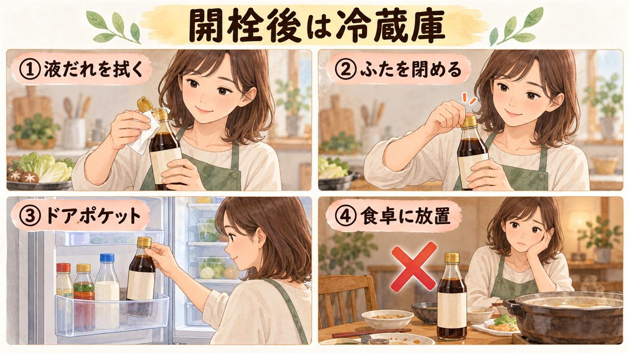 図解:開栓後は冷蔵庫(液だれを拭く・ふたを閉める・ドアポケット・食卓に放置)