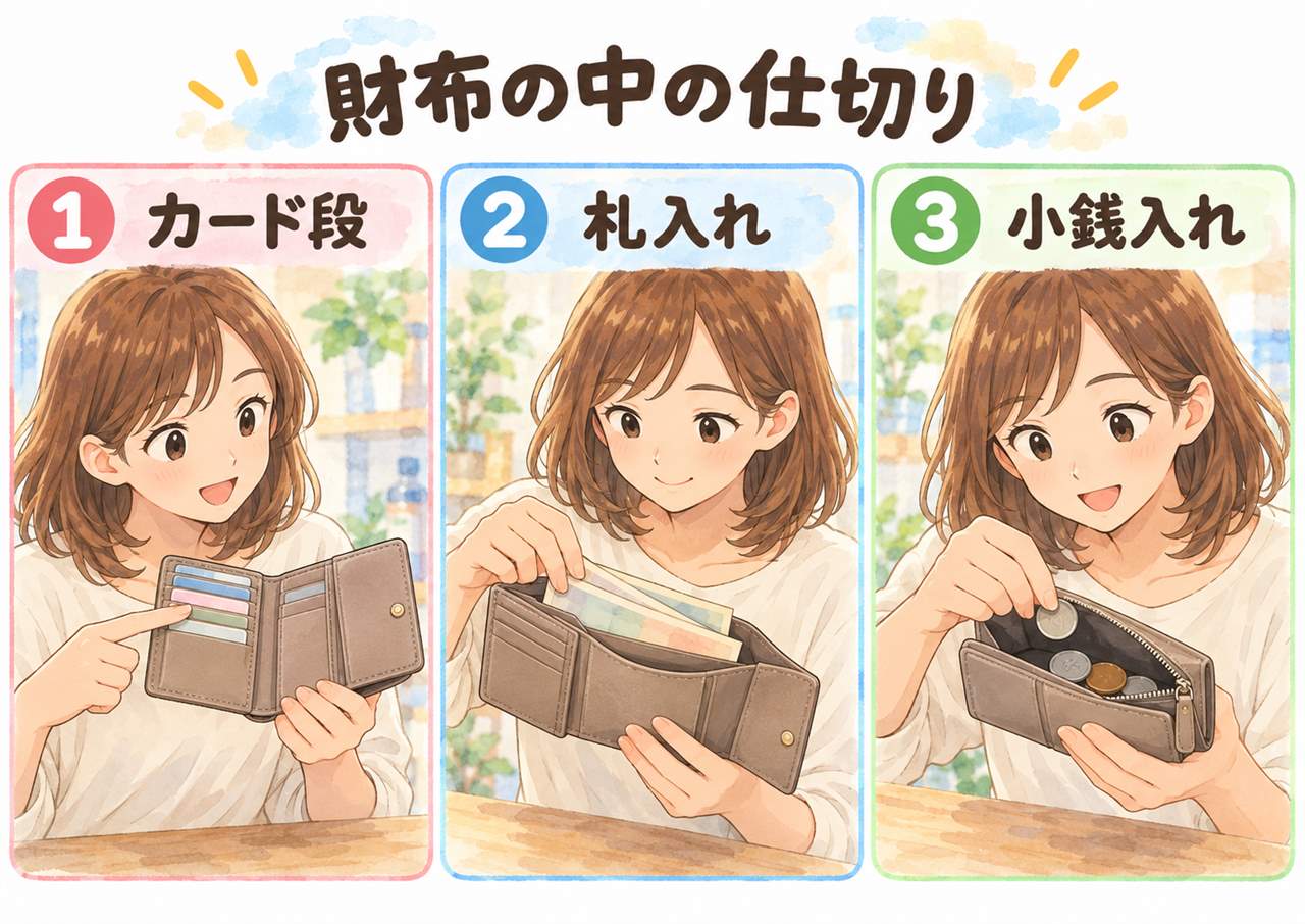 図解：財布の中の仕切り（カード段・札入れ・小銭入れ）