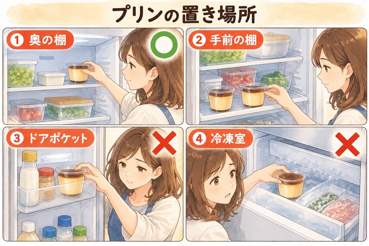 図解：プリンの置き場所（奥の棚・手前の棚・ドアポケット・冷凍室）