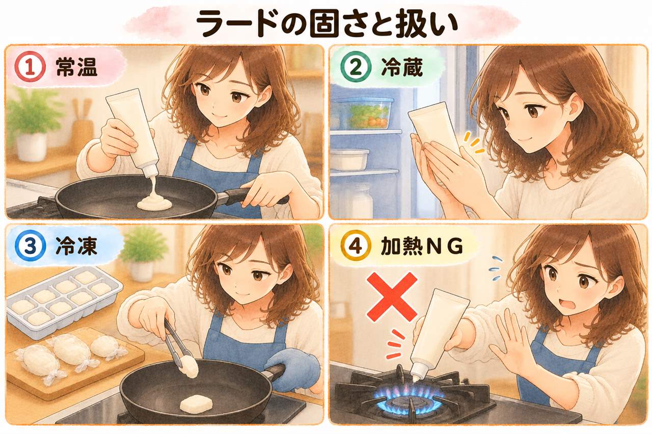 図解:ラードの固さと扱い(常温・冷蔵・冷凍・加熱NG)