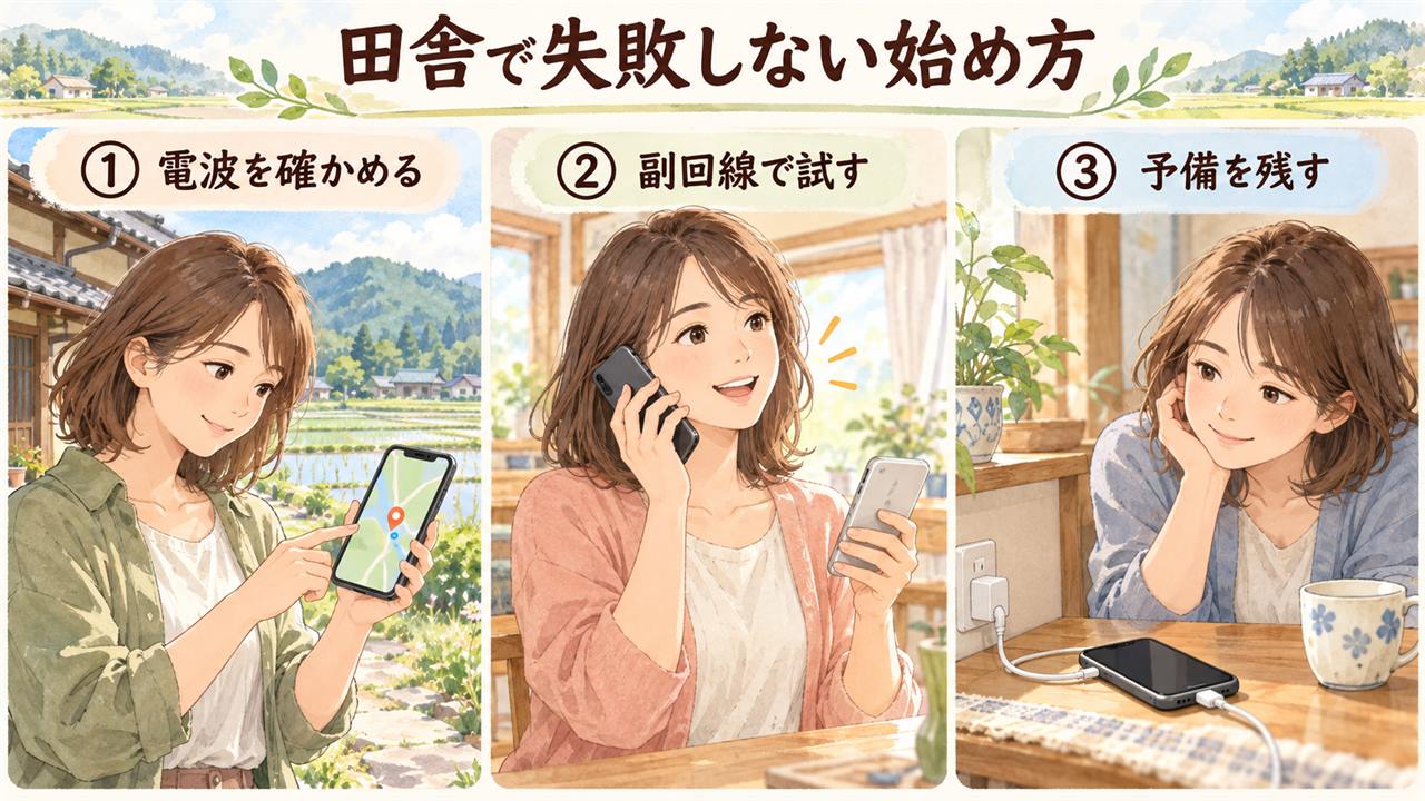 図解：田舎で失敗しない始め方（電波を確かめる・副回線で試す・予備を残す）