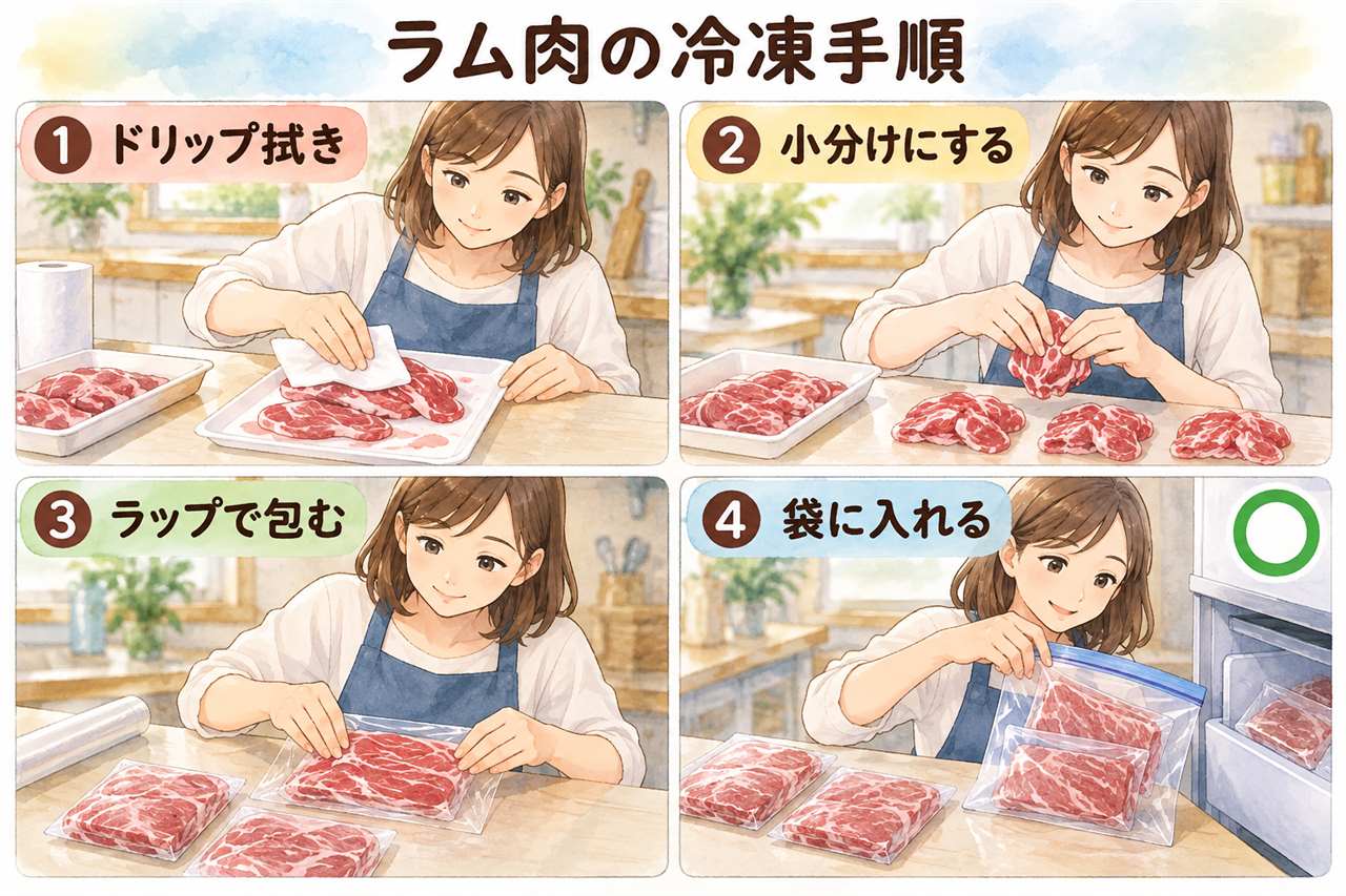 図解:ラム肉の冷凍手順(ドリップ拭き・小分けにする・ラップで包む・袋に入れる)