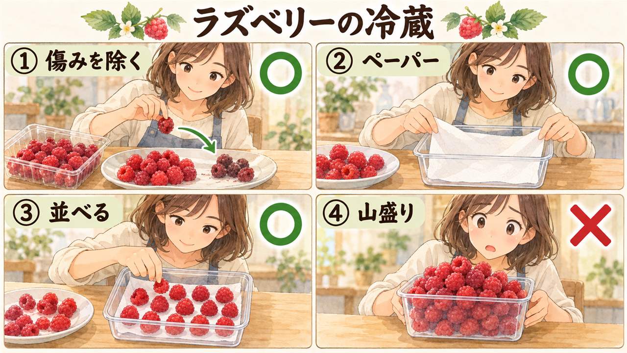 図解:ラズベリーの冷蔵(傷みを除く・ペーパー・並べる・山盛り)
