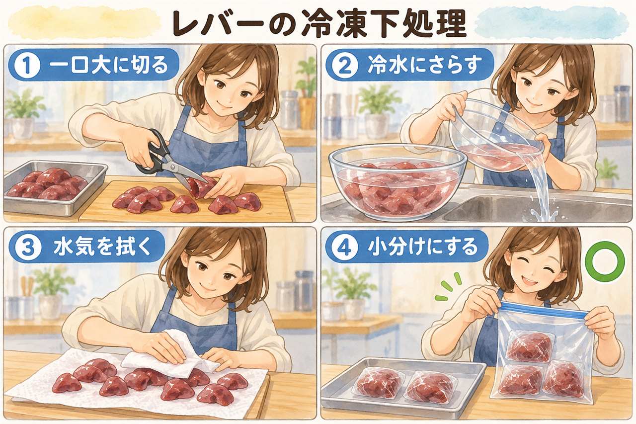 図解:レバーの冷凍下処理(一口大に切る・冷水にさらす・水気を拭く・小分けにする)