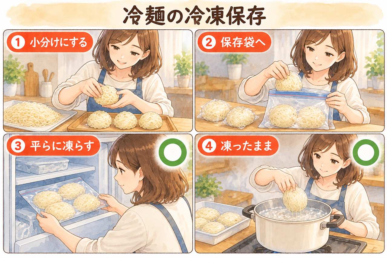 図解:冷麺の冷凍保存(小分けにする・保存袋へ・平らに凍らす・凍ったまま)