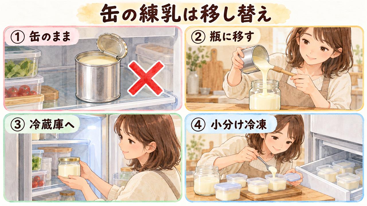 図解：缶の練乳は移し替え（缶のまま・瓶に移す・冷蔵庫へ・小分け冷凍）