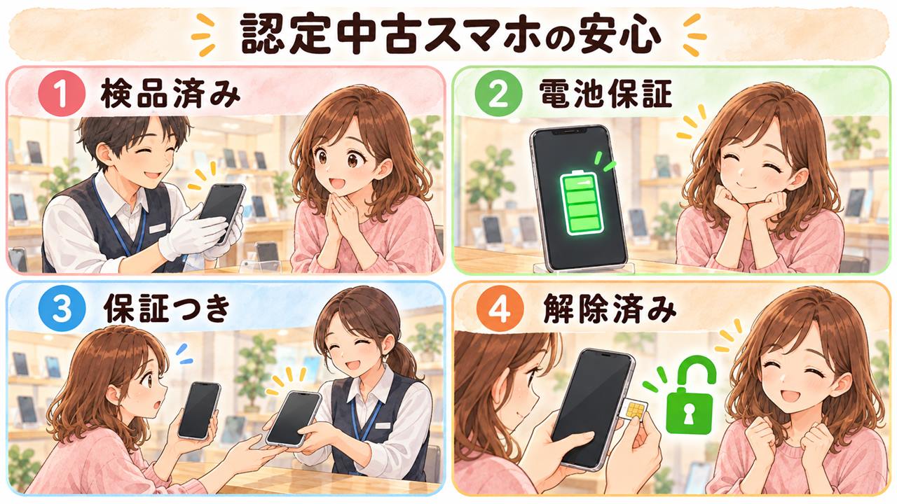 図解:認定中古スマホの安心(検品済み・電池保証・保証つき・解除済み)
