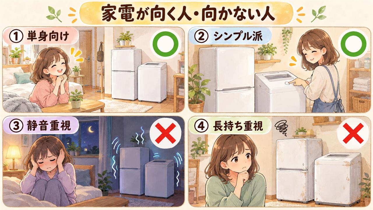 図解:家電が向く人・向かない人(単身向け・シンプル派・静音重視・長持ち重視)
