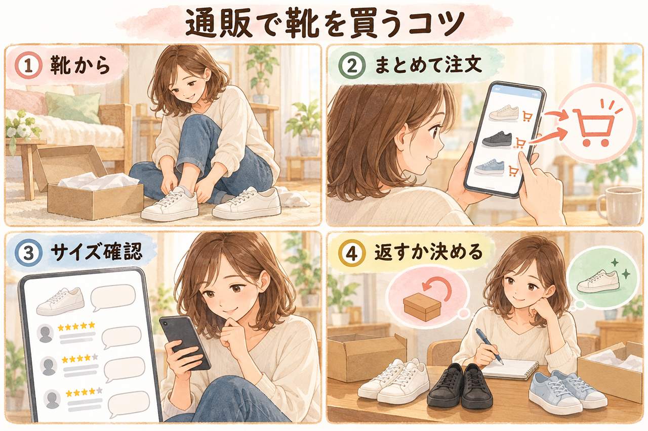 図解:通販で靴を買うコツ(靴から・まとめて注文・サイズ確認・返すか決める)