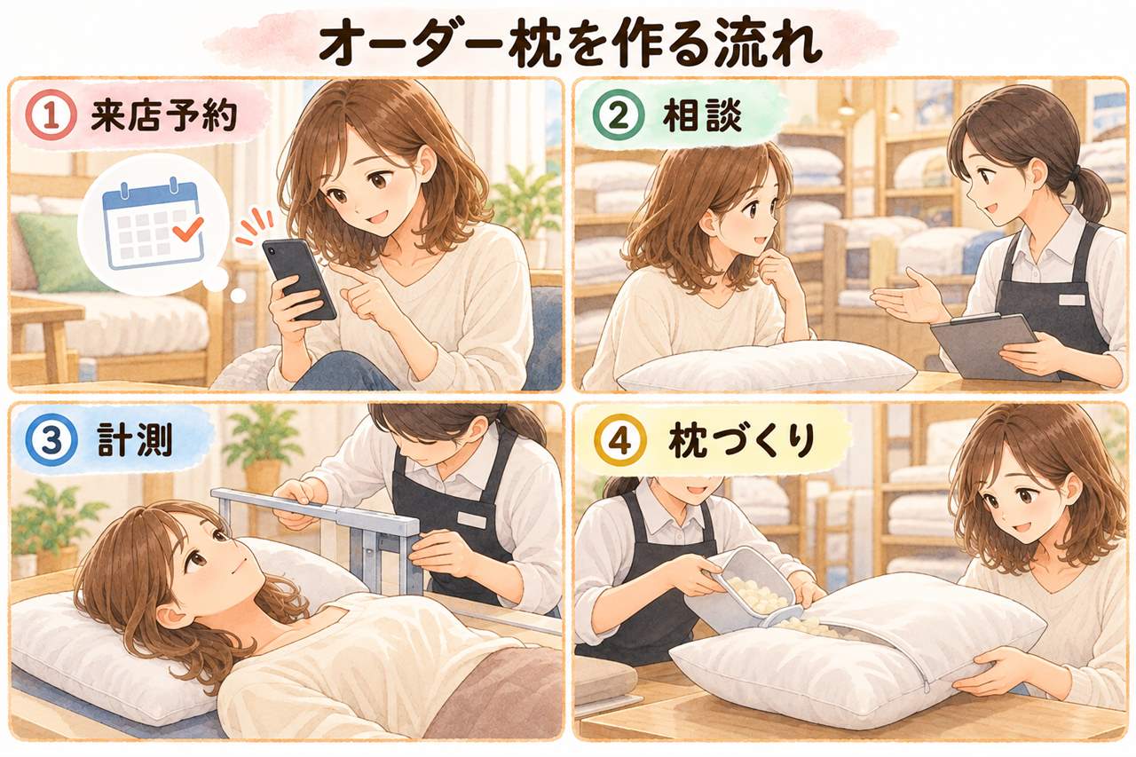 図解:オーダー枕を作る流れ(来店予約・相談・計測・枕づくり)
