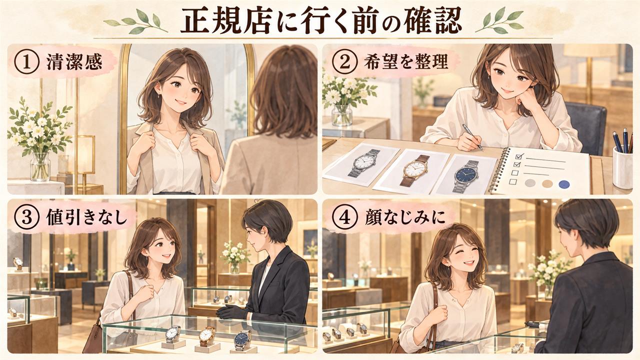図解：正規店に行く前の確認（清潔感・希望を整理・値引きなし・顔なじみに）