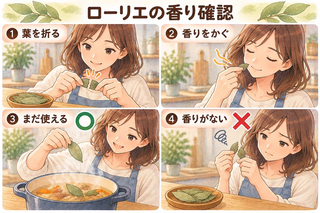 図解:ローリエの香り確認(葉を折る・香りをかぐ・まだ使える・香りがない)