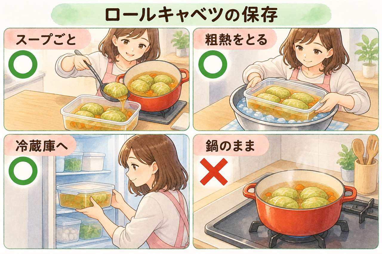 図解：ロールキャベツの保存（スープごと・粗熱をとる・冷蔵庫へ・鍋のまま）