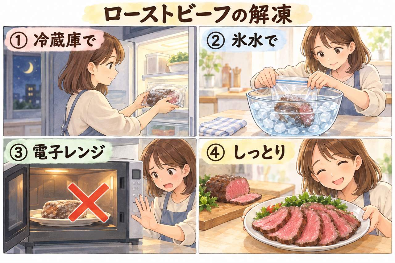 図解:ローストビーフの解凍(冷蔵庫で・氷水で・電子レンジ・しっとり)