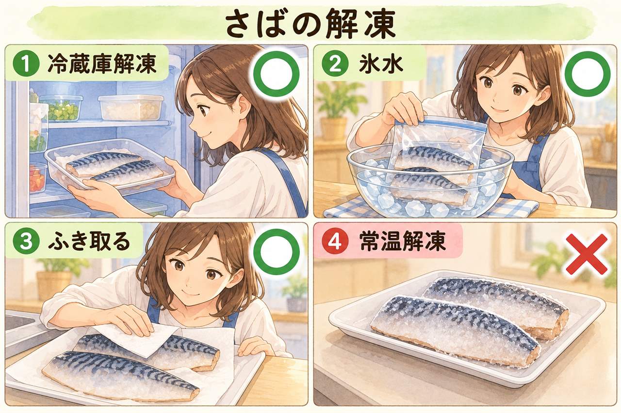 図解:さばの解凍(冷蔵庫解凍・氷水・ふき取る・常温解凍)