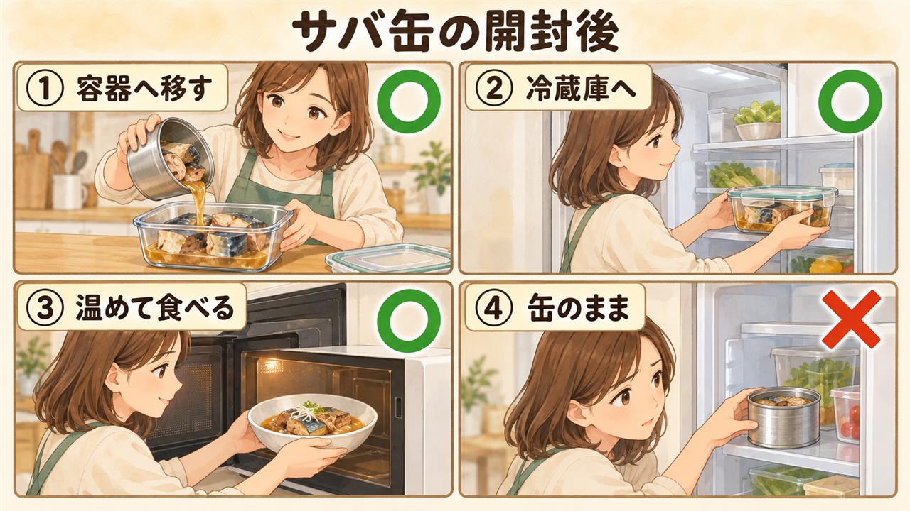 図解：サバ缶の開封後（容器へ移す・冷蔵庫へ・温めて食べる・缶のまま）