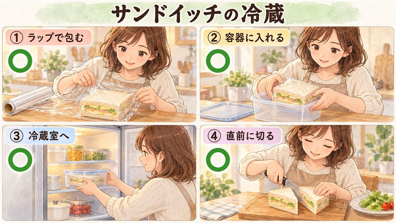 図解:サンドイッチの冷蔵(ラップで包む・容器に入れる・冷蔵室へ・直前に切る)