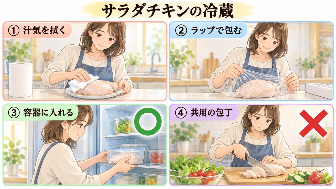 図解：サラダチキンの冷蔵（汁気を拭く・ラップで包む・容器に入れる・共用の包丁）