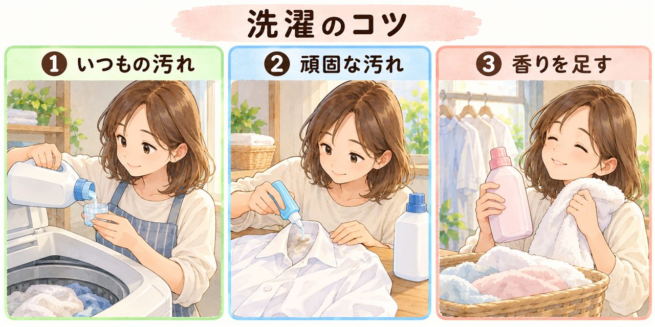 図解:洗濯のコツ(いつもの汚れ・頑固な汚れ・香りを足す)