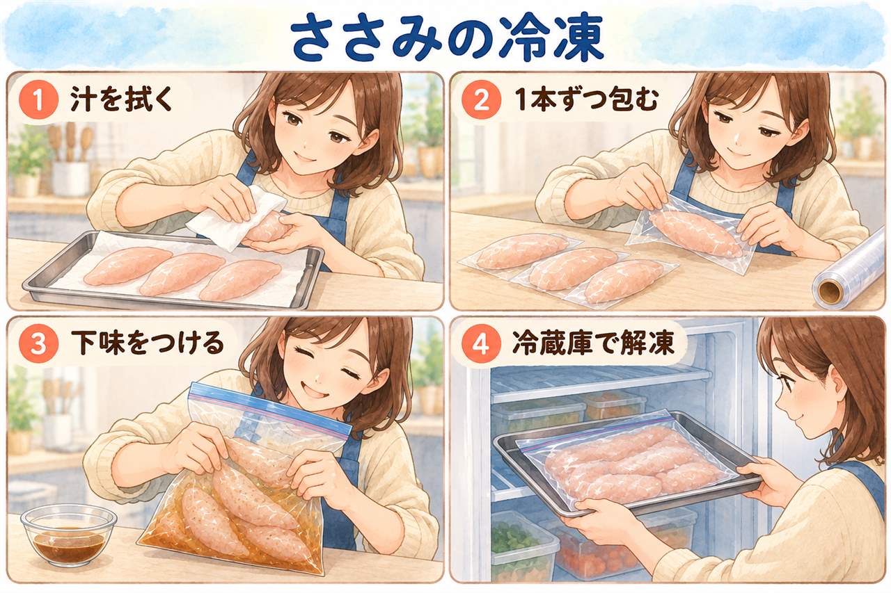 図解：ささみの冷凍（汁を拭く・1本ずつ包む・下味をつける・冷蔵庫で解凍）