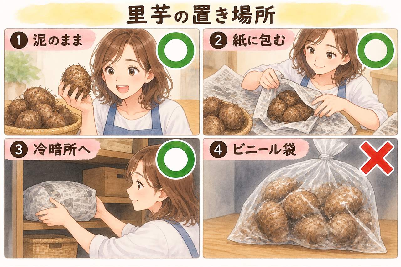図解:里芋の置き場所(泥のまま・紙に包む・冷暗所へ・ビニール袋)
