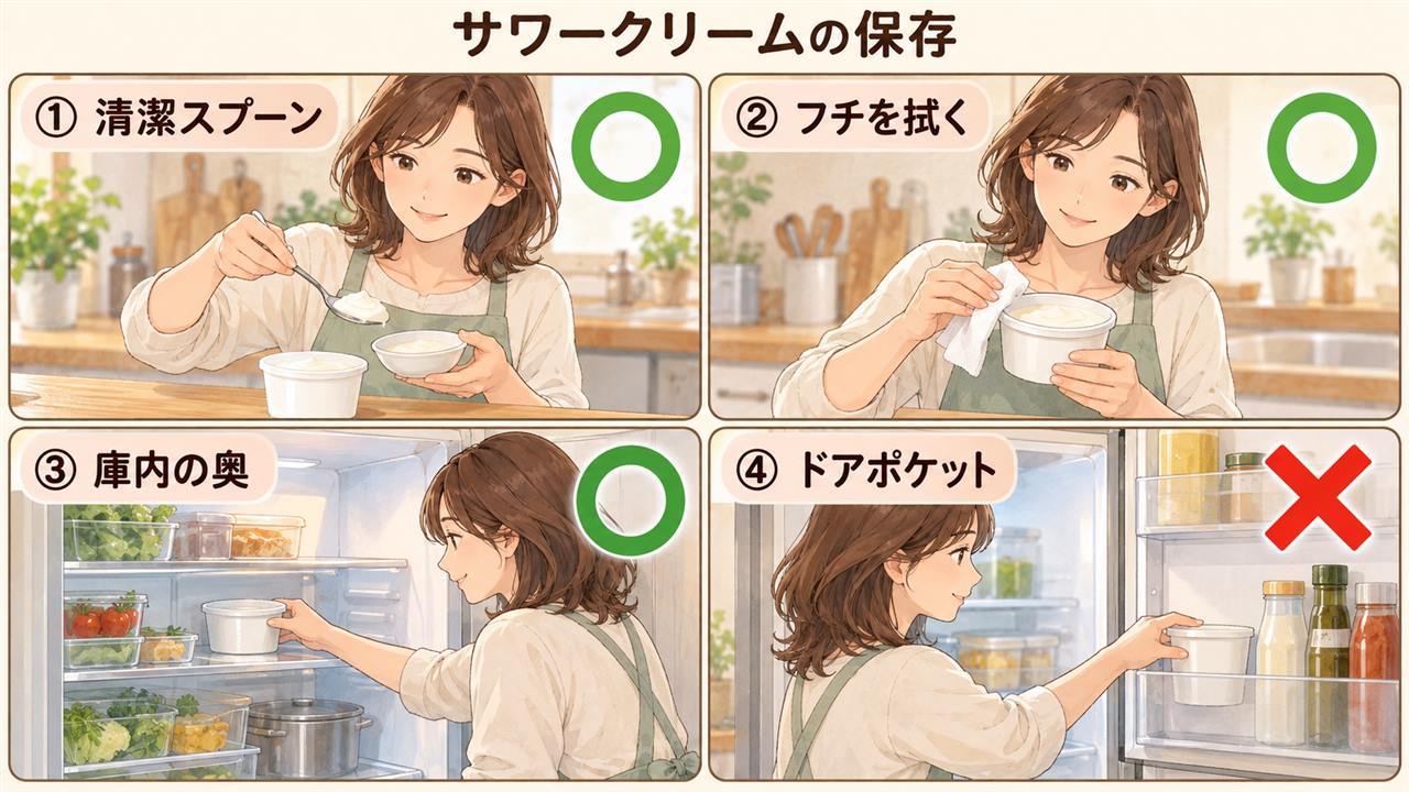 図解:サワークリームの保存(清潔スプーン・フチを拭く・庫内の奥・ドアポケット)