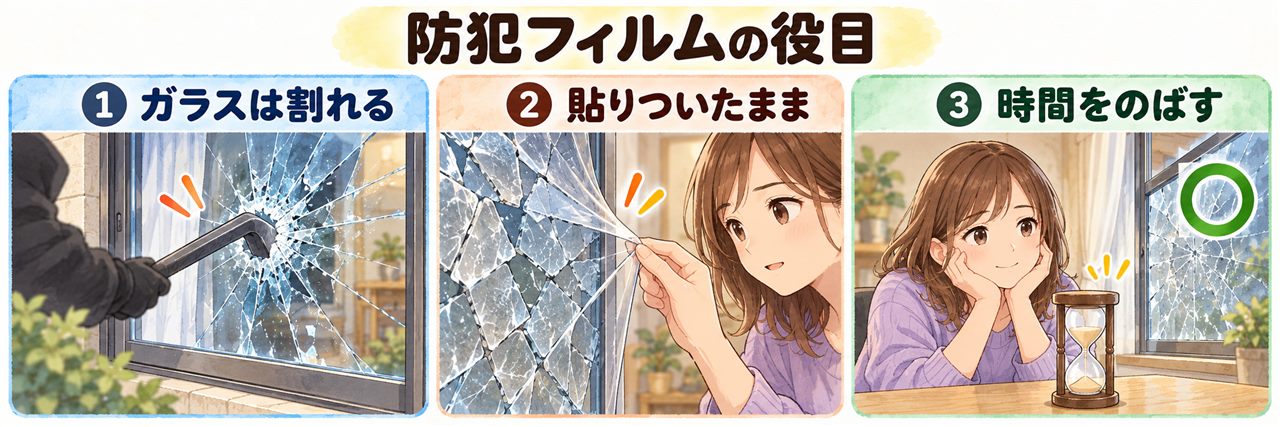 図解：防犯フィルムの役目（ガラスは割れる・貼りついたまま・時間をのばす）