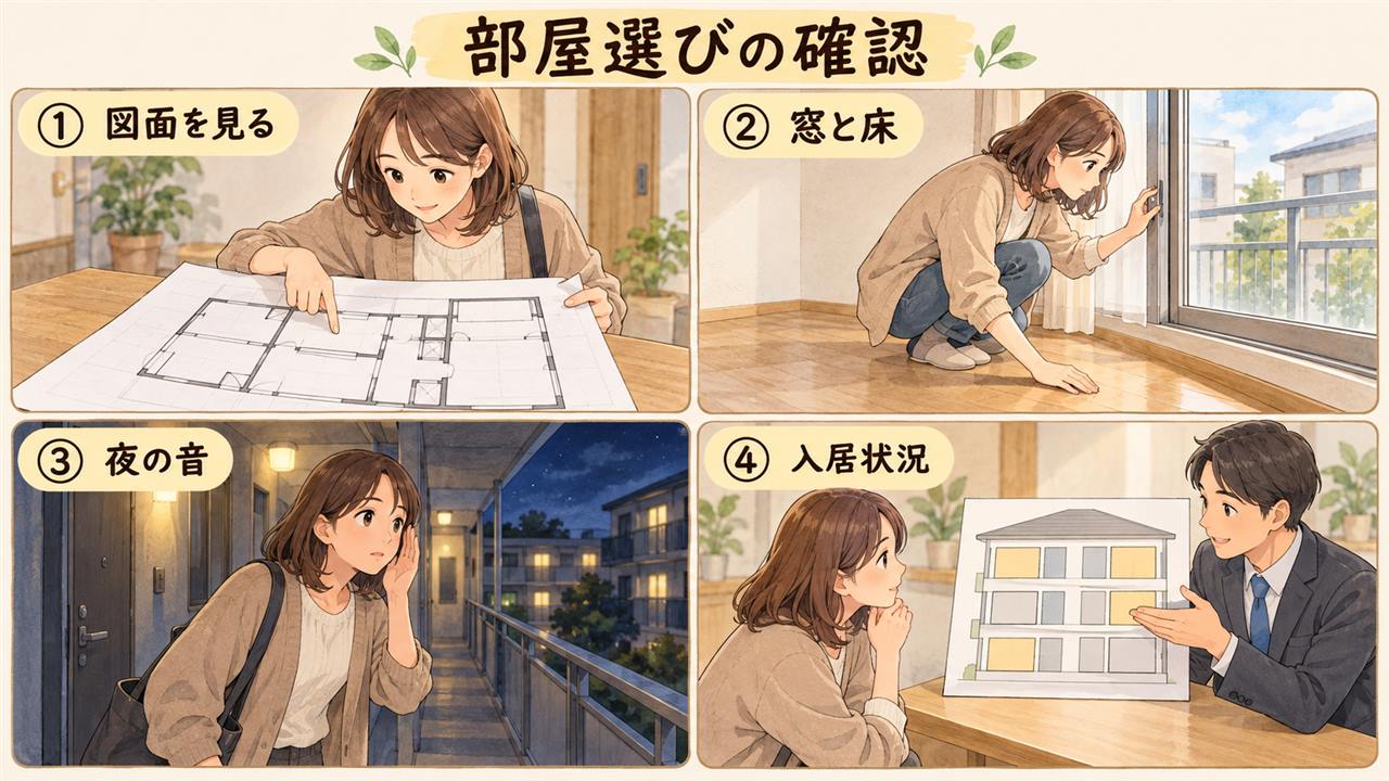 図解：部屋選びの確認（図面を見る・窓と床・夜の音・入居状況）