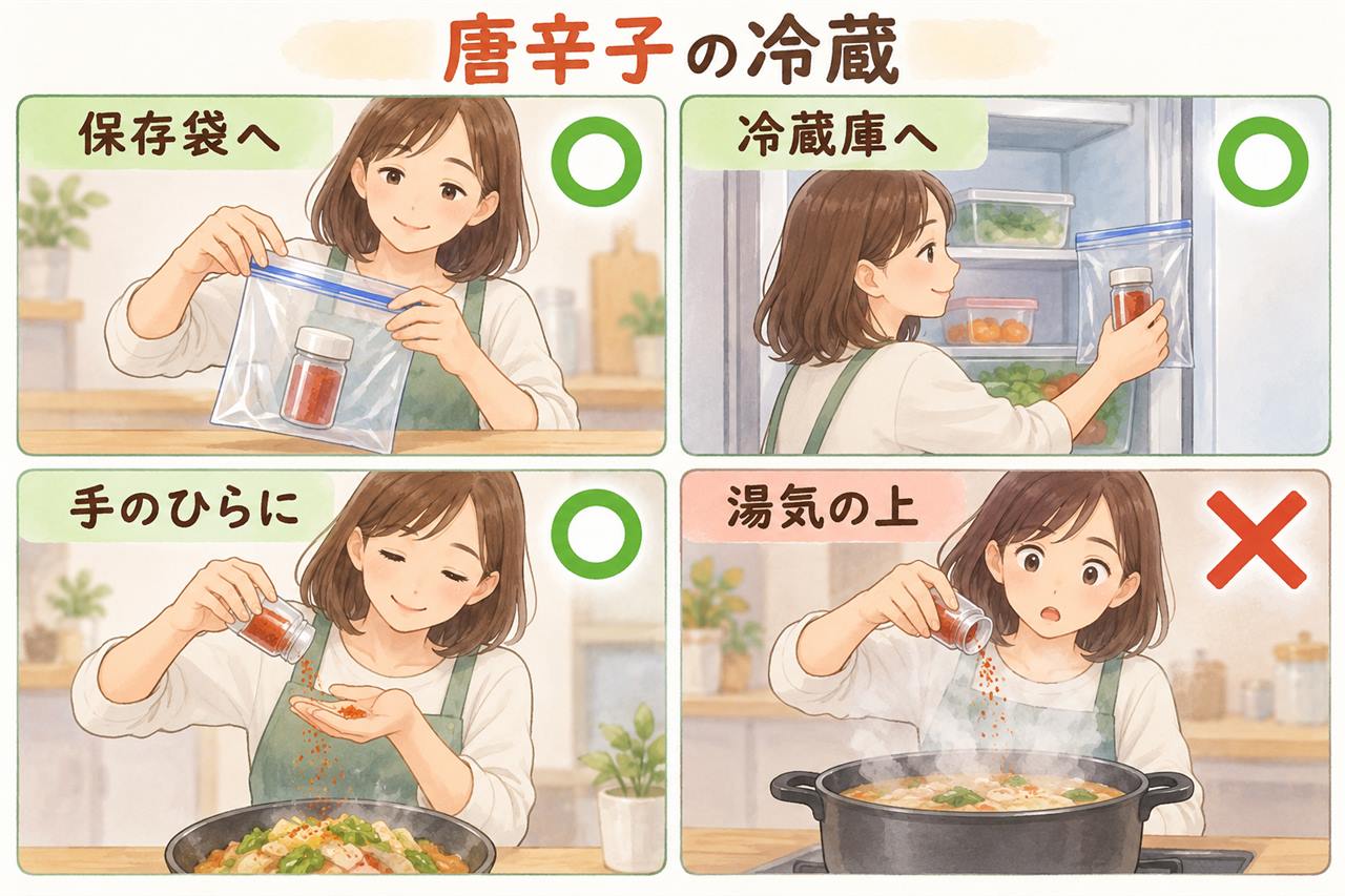 図解：唐辛子の冷蔵（保存袋へ・冷蔵庫へ・手のひらに・湯気の上）