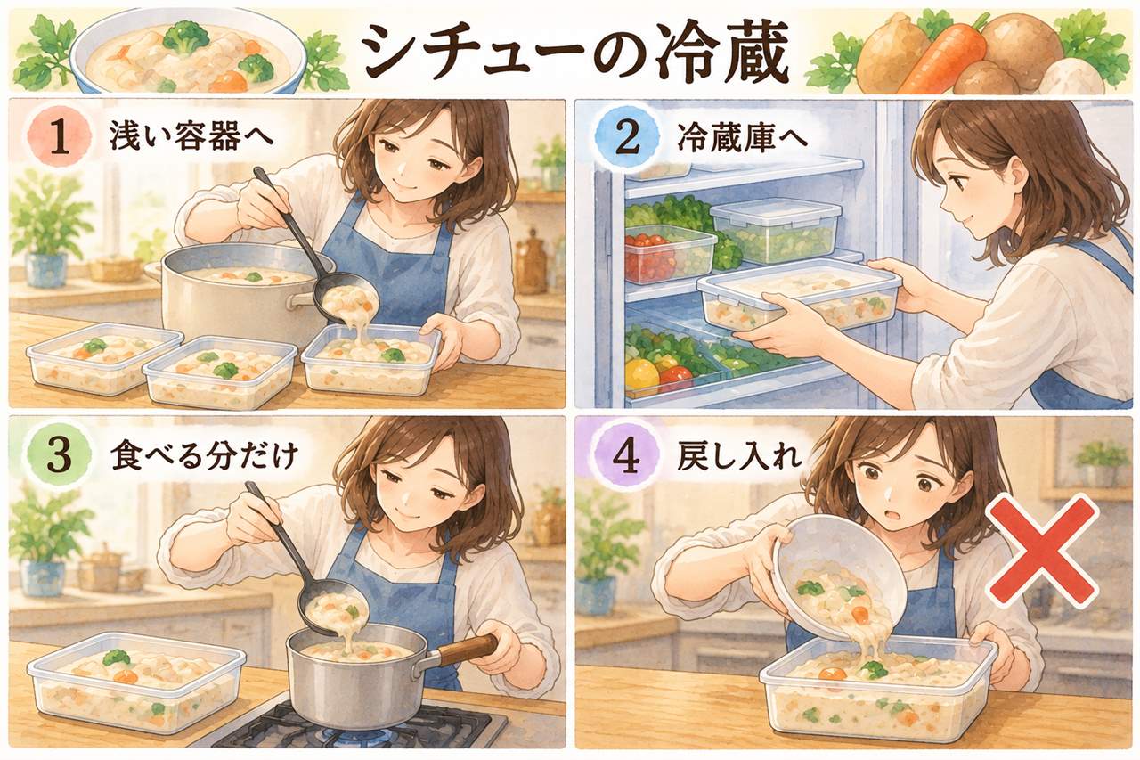 図解：シチューの冷蔵（浅い容器へ・冷蔵庫へ・食べる分だけ・戻し入れ）