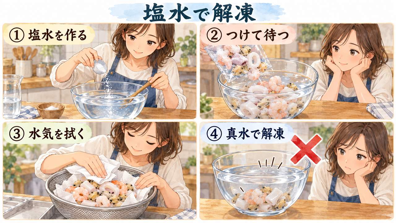 図解：塩水で解凍（塩水を作る・つけて待つ・水気を拭く・真水で解凍）