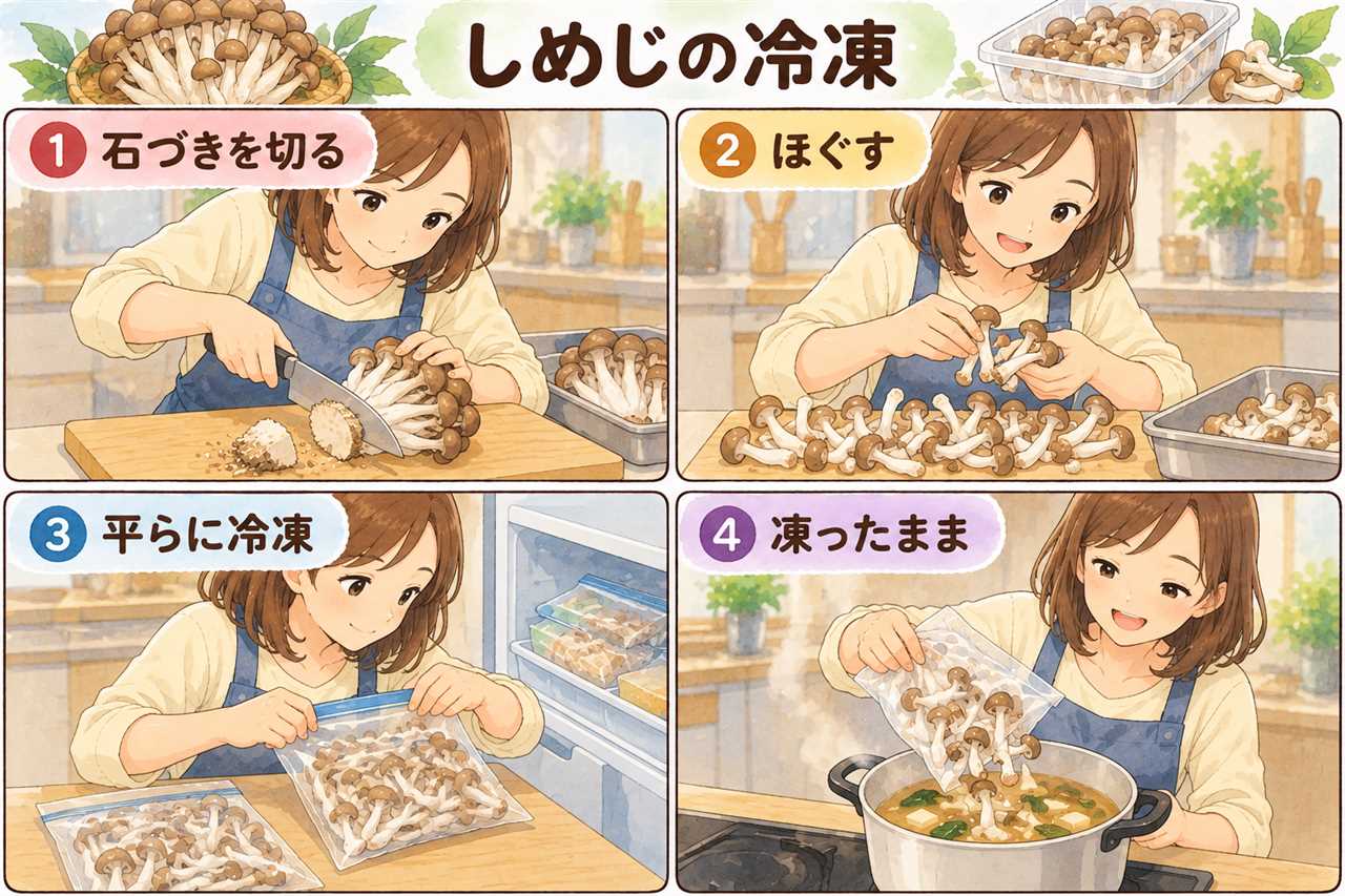 図解:しめじの冷凍(石づきを切る・ほぐす・平らに冷凍・凍ったまま)