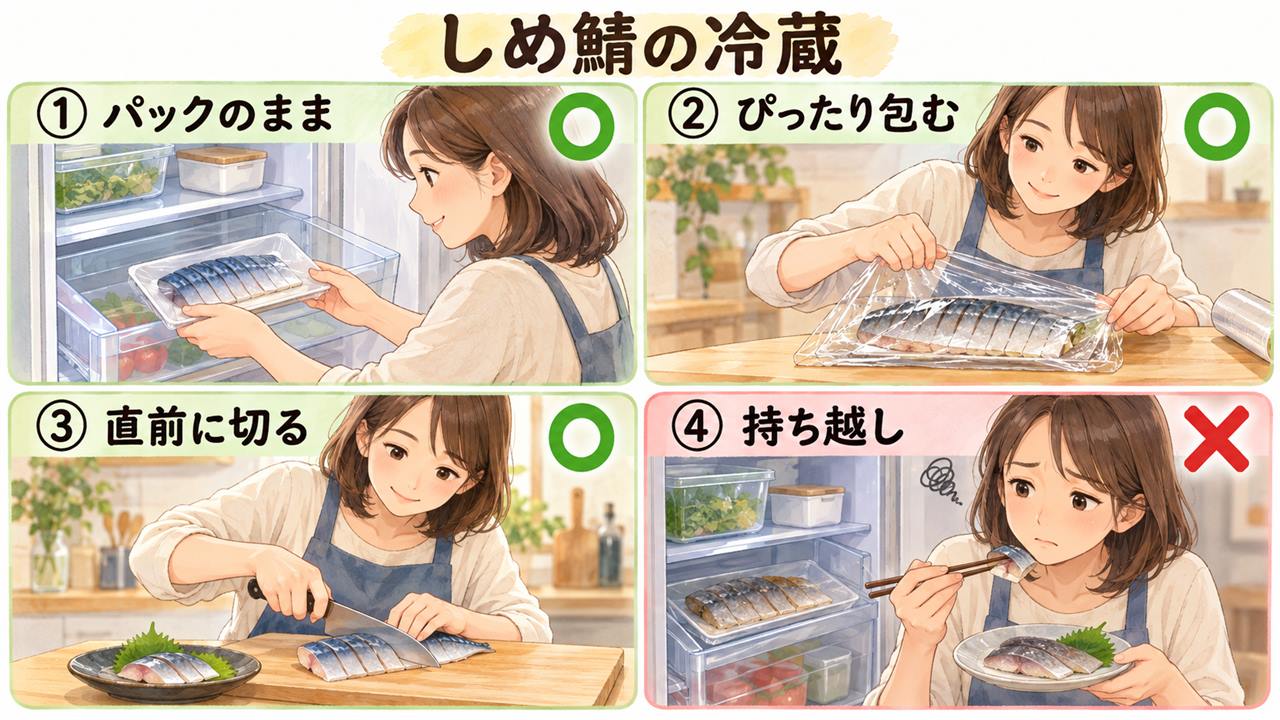 図解:しめ鯖の冷蔵(パックのまま・ぴったり包む・直前に切る・持ち越し)