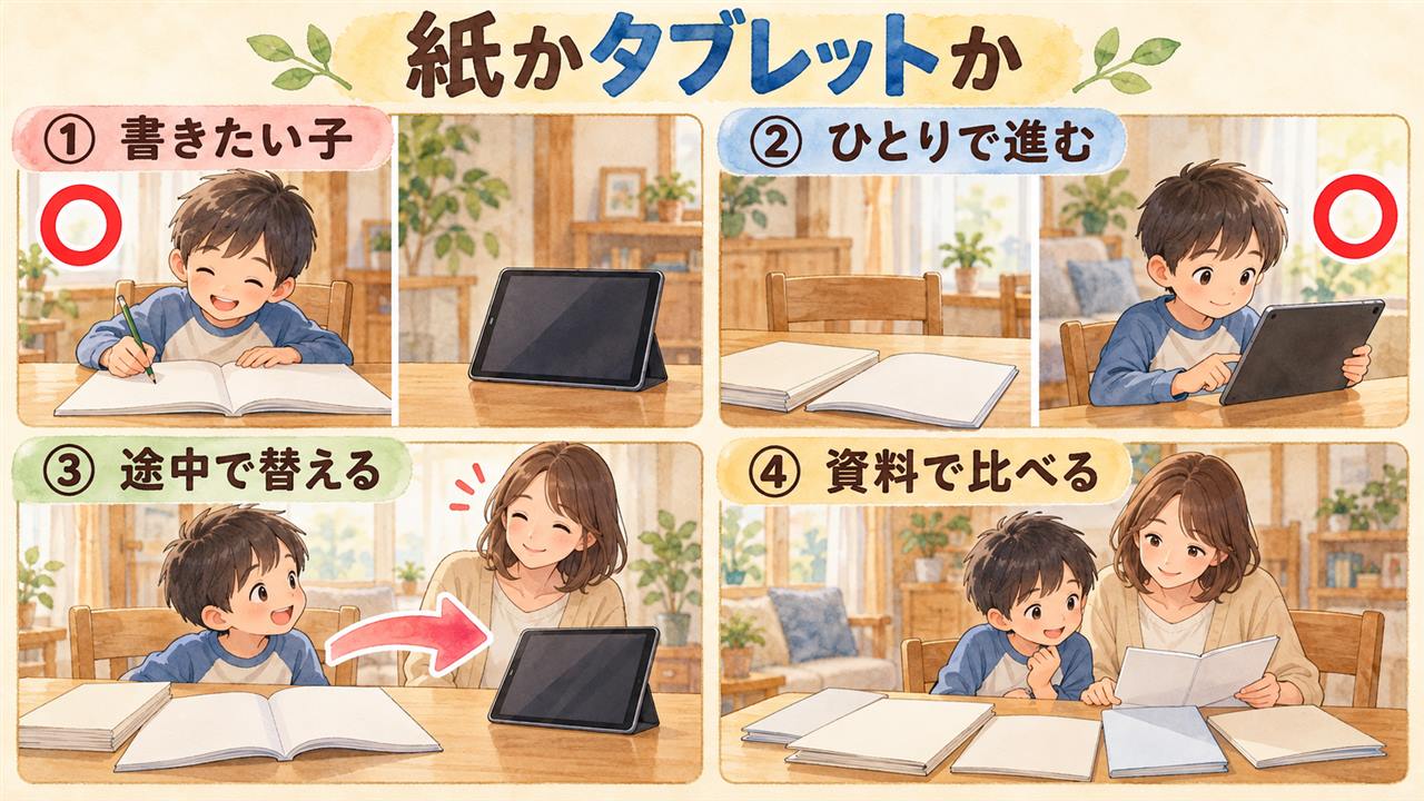 4コマ漫画:紙かタブレットか(書きたい子・ひとりで進む・途中で替える・資料で比べる)