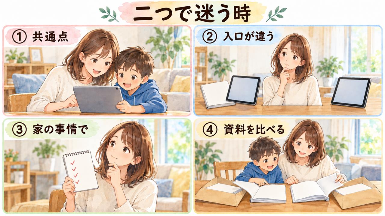 4コマ漫画:二つで迷う時(共通点・入口が違う・家の事情で・資料を比べる)