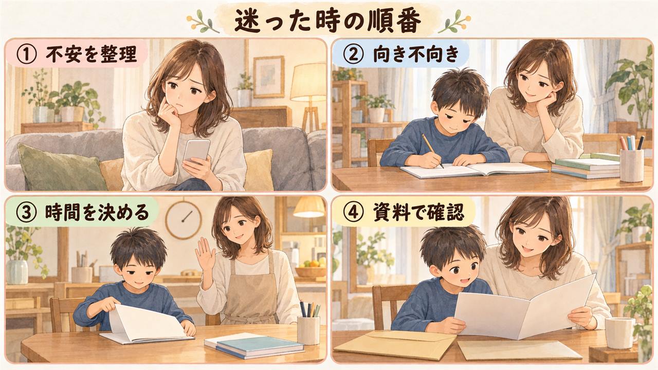 4コマ漫画:迷った時の順番(不安を整理・向き不向き・時間を決める・資料で確認)