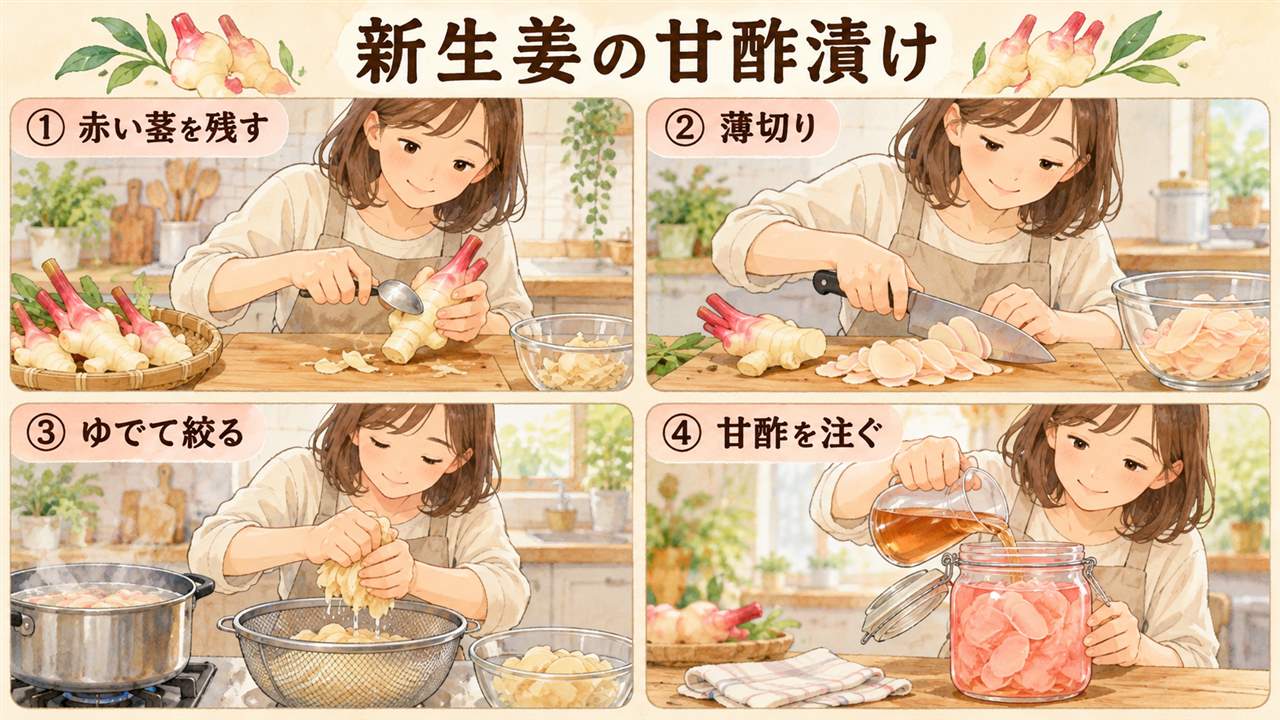 図解:新生姜の甘酢漬け(赤い茎を残す・薄切り・ゆでて絞る・甘酢を注ぐ)