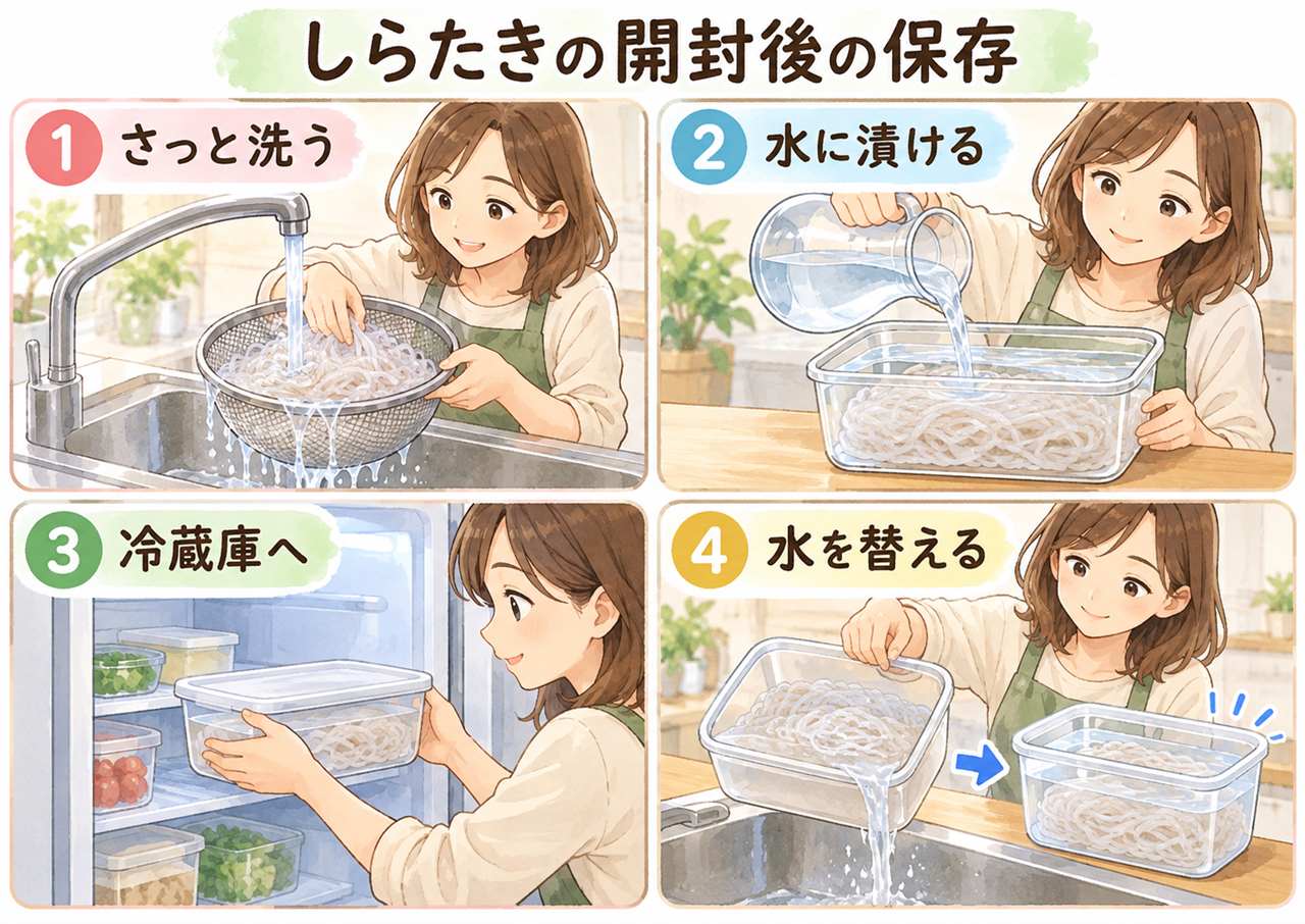 図解：しらたきの開封後の保存（さっと洗う・水に漬ける・冷蔵庫へ・水を替える）