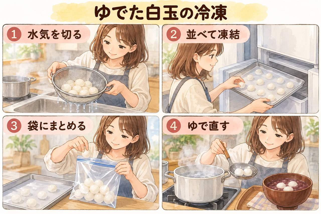 図解：ゆでた白玉の冷凍（水気を切る・並べて凍結・袋にまとめる・ゆで直す）